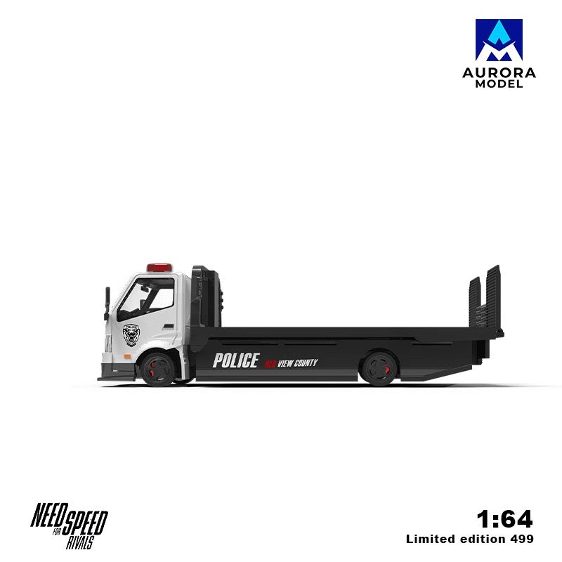 Aurora Model 1:64 Hino H300 Flat bed Transport Trailer Truck Extendable Flat Bed Need For Speed Rivals Edition + Ferrari F40 Need For Speed Rivals Police Car + Resin Policeman Figure Full Set