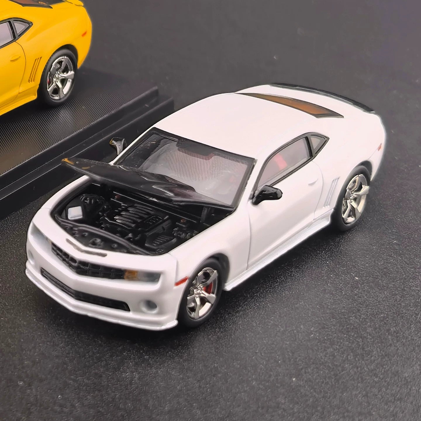 Fine Works 1:64 Chevrolet Camaro Transformers Pearl White Black Hood Openable Front Hood Detailed Engine with Extra Wheels Limited 500 Pieces
