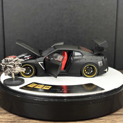 PGM 1:64 Nissan Skyline GT-R R35 Pandem Rocket Bunny Matt Black with Separated Display Engine Limited 999 Pieces (Premium Round Box Packaging)