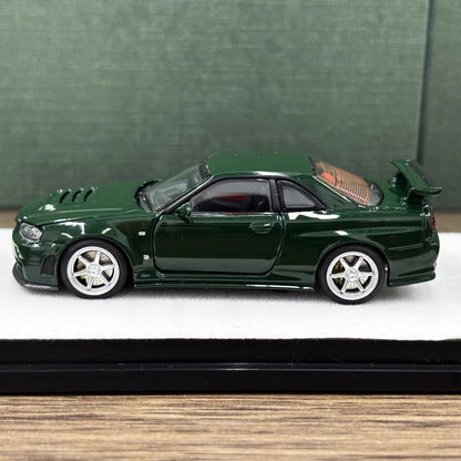 PGM 1:64 Nissan Skyline GT-R R34 Nismo Z-Tune British Green with Separated Display Engine Nissan Official Licensed (Normal Rectangle Box Edition)