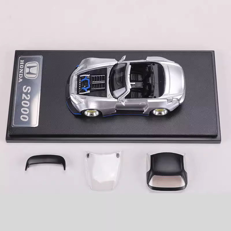 Rhino Model 1:64 Honda S2000 AP2 Convertible Wide Body Silver Openable Front Hood Detailed Engine with Extra Hard Roof for Replacement