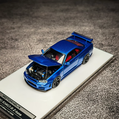 Motorhelix 1:64 Nissan Skyline GT-R R34 Nismo Z-Tune Bayside Blue Openable Front Hood Detailed Engine Official Licensed (Premium Box Packaging)