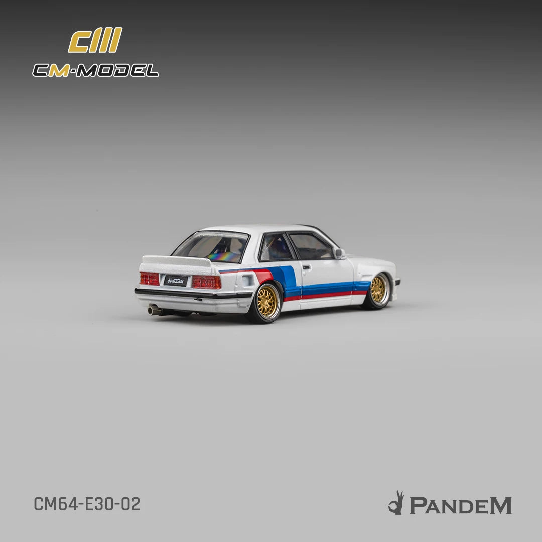 CM Model 1:64 Pandem M3 Mk1 E30 Sedan Rocket Bunny White with M Strip with Extra Wheel-Set
