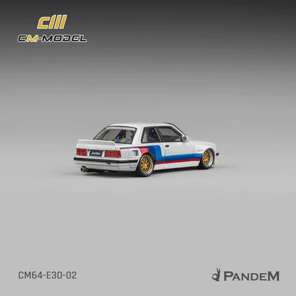 CM Model 1:64 Pandem M3 Mk1 E30 Sedan Rocket Bunny White with M Strip with Extra Wheel-Set