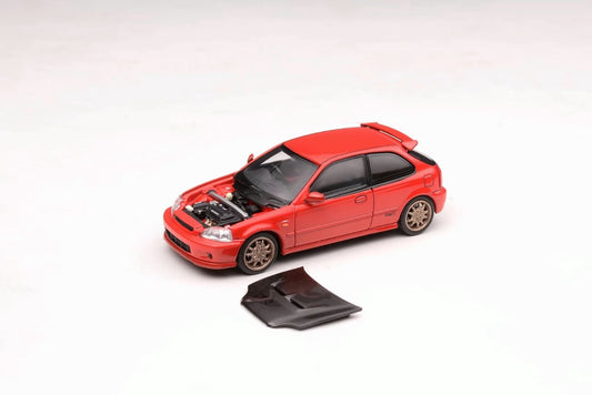Motorhelix Intern Series 1:64 Honda Civic Type R EK9 Carbon Hood Mugen Edition Milan Red - Honda and Mugen Official Licensed