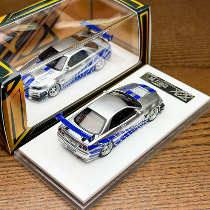 [Premium Resin Model] 404 Error 1:64 Skyline GT-T R34 Fast and Furious Paul Walker Silver Blue Limited to 199 Pieces