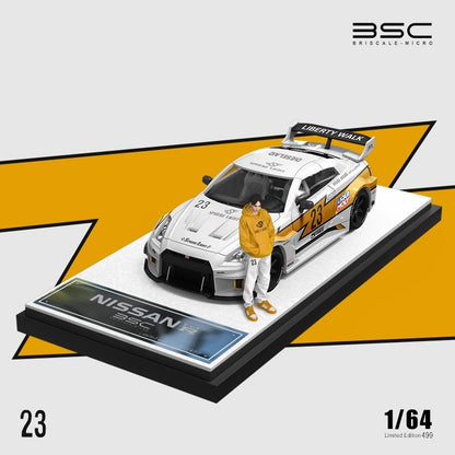 BSC 1/64 Hino H300 Flat bed Transport Trailer Truck Extendable Flat Bed LBWK #23 Edition + Nissan GT-R R35 + Resin Human Figure Full Set