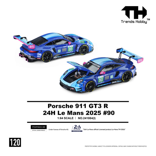 Trends Hobby 1:64 Porsche 911 GT3 R Le Mans 24H LMGT3 2025 Chip Hart Racing #90 Openable Front Hood Detailed Engine Porsche Official Licensed (241084I)