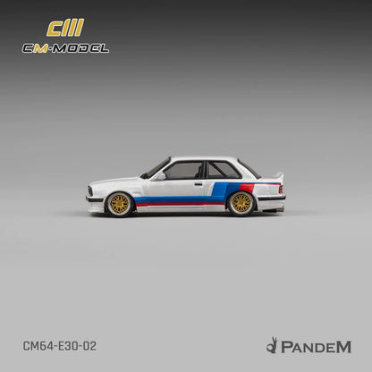 CM Model 1:64 Pandem M3 Mk1 E30 Sedan Rocket Bunny White with M Strip with Extra Wheel-Set