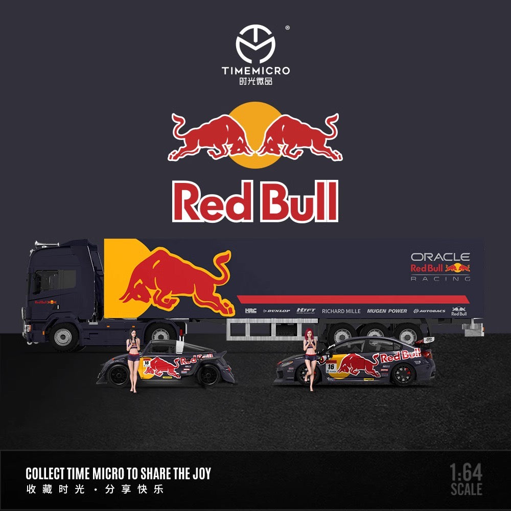 Time Micro 1:64 Scania Container Truck Red Bull Racing Edition + Subaru WRX STI + Volkswagen Beetle +2 Figures Full Set