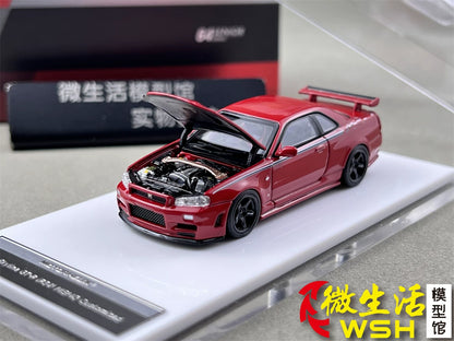 Motorhelix 1:64 Nissan Skyline GT-R R34 Nismo Z-Tune V-Spec-II Nismo Red Openable Front Hood Detailed Engine Official Licensed (Premium Box Packaging)