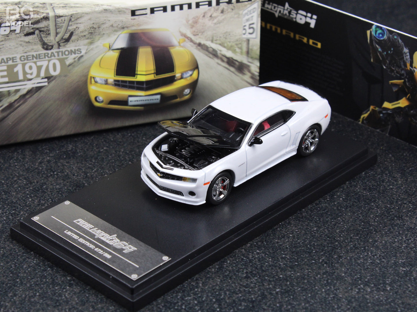 Fine Works 1:64 Chevrolet Camaro Transformers Pearl White Black Hood Openable Front Hood Detailed Engine with Extra Wheels Limited 500 Pieces