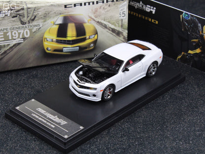 Fine Works 1:64 Chevrolet Camaro Transformers Pearl White Black Hood Openable Front Hood Detailed Engine with Extra Wheels Limited 500 Pieces