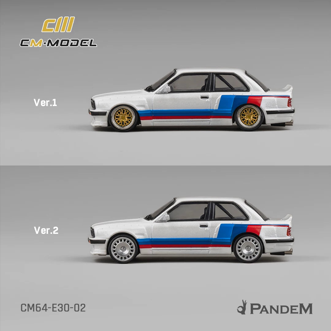 CM Model 1:64 Pandem M3 Mk1 E30 Sedan Rocket Bunny White with M Strip with Extra Wheel-Set