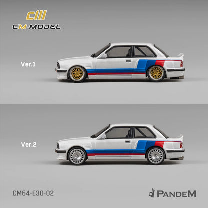 CM Model 1:64 Pandem M3 Mk1 E30 Sedan Rocket Bunny White with M Strip with Extra Wheel-Set