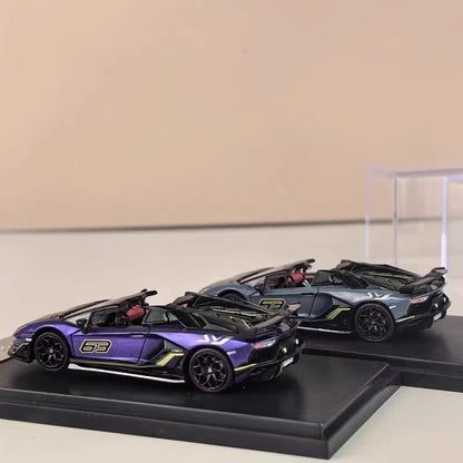 Rhino Model 1:64 Lamborghini Aventador SVJ Removable Roof Metallic Grey Blue