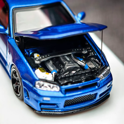Motorhelix 1:64 Nissan Skyline GT-R R34 Nismo Z-Tune Bayside Blue Openable Front Hood Detailed Engine Official Licensed (Premium Box Packaging)