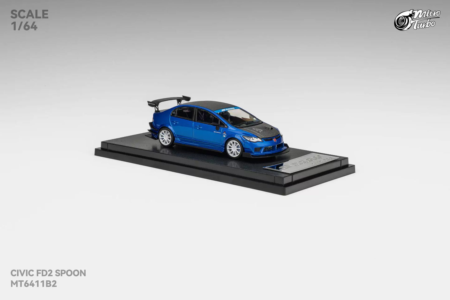 Micro Turbo 1:64 Honda CIVIC FD2 Spoon Sports Metallic Blue with Black Carbon Hood (Openable Front Hood + Detailed Engine)