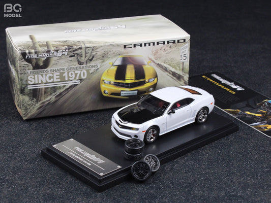 Fine Works 1:64 Chevrolet Camaro Transformers Pearl White Black Hood Openable Front Hood Detailed Engine with Extra Wheels Limited 500 Pieces