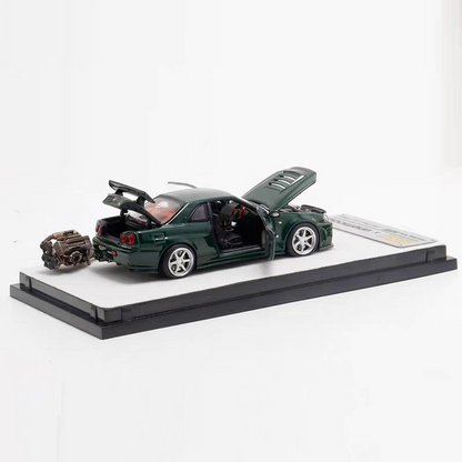 PGM 1:64 Nissan Skyline GT-R R34 Nismo Z-Tune British Green with Separated Display Engine Nissan Official Licensed (Normal Rectangle Box Edition)