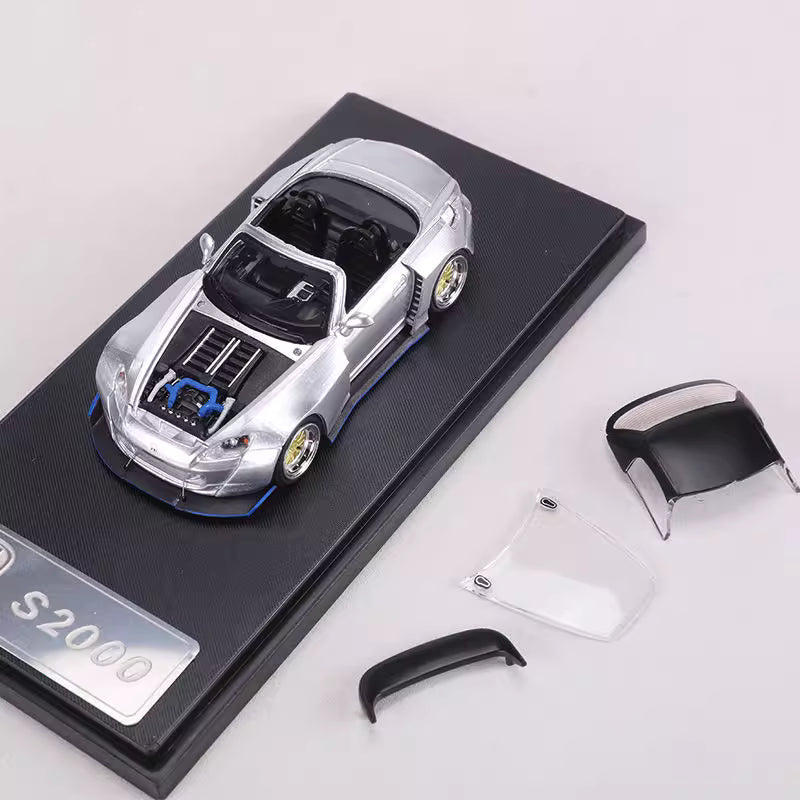 Rhino Model 1:64 Honda S2000 AP2 Convertible Wide Body Silver Openable Front Hood Detailed Engine with Extra Hard Roof for Replacement