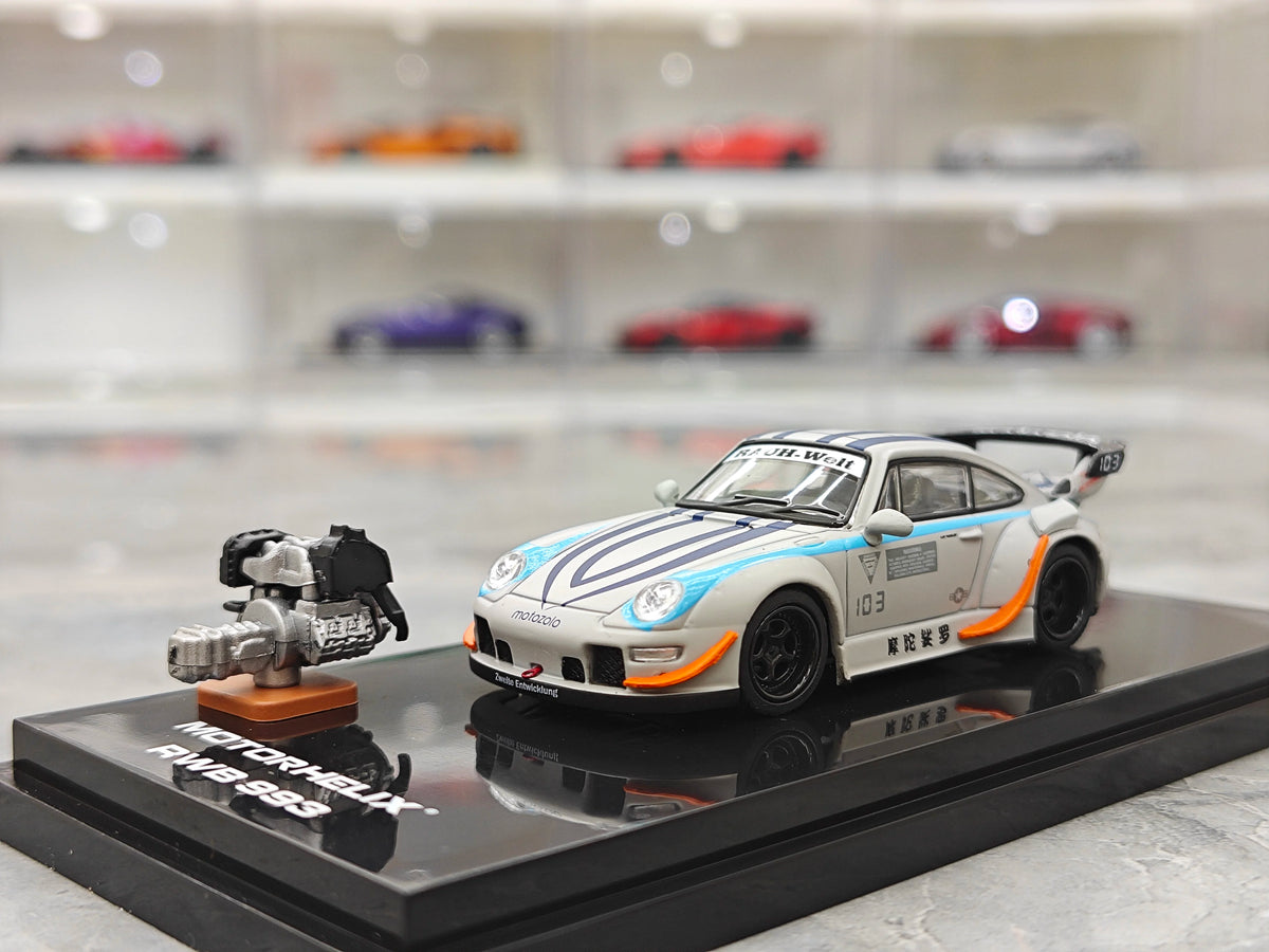 Motorhelix 1:64 RWB 993 Motozolo Grey Includes Magnetic Air-Cooled Engine Display Model