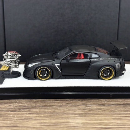 PGM 1:64 Nissan Skyline GT-R R35 Pandem Rocket Bunny Matt Black with Separated Display Engine Limited 999 Pieces (Normal Rectangle Box Edition)