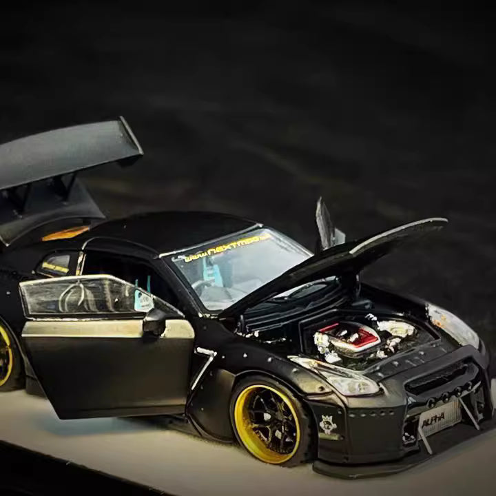PGM 1:64 Nissan Skyline GT-R R35 Pandem Rocket Bunny Matt Black with Separated Display Engine Limited 999 Pieces (Normal Rectangle Box Edition)