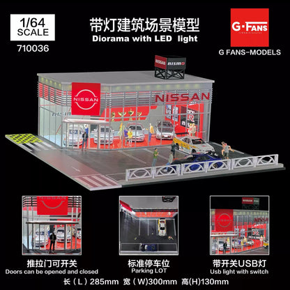 G-Fans 1:64 Nissan NISMO Architectural Scene Model LED Light Diorama with Car Parking Lot