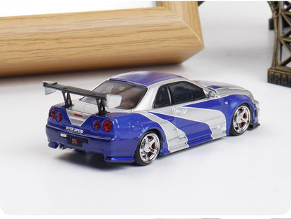 Fast Speed 1:64 Nissan GT-R BNR34 R34 Nismo Z-Tune Silver Blue Strips
