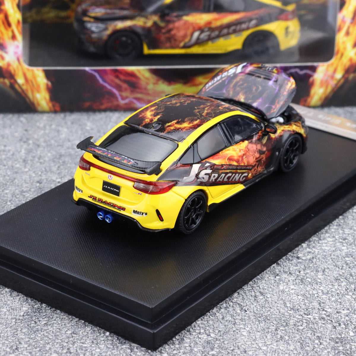 Motorhelix Senior Series 1:64 Honda Civic Type-R FL5  J's Racing Custom Black & Yellow Openable Front Engine Hood - Honda J's Racing Official Licensed