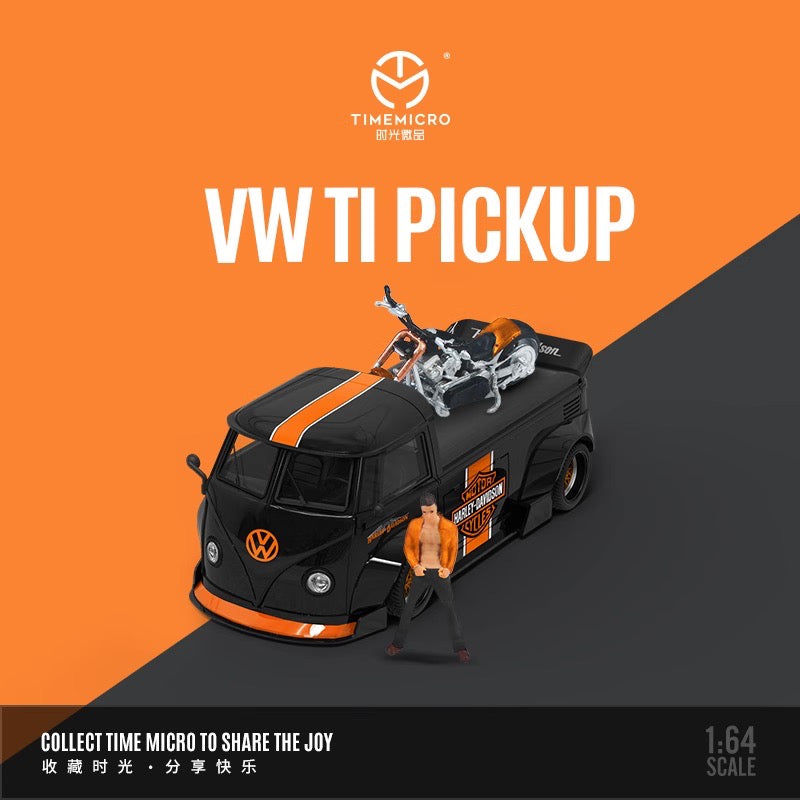 Time Micro 1/64 Volkswagen Kombi T1 Modified Wide Body Pick-Up Truck Harley-Davidson Edition + Harley-Davidson Black Orange Motorcycle + Figure Man Full Set