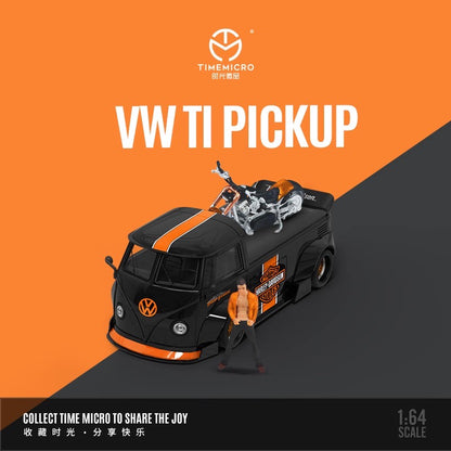Time Micro 1/64 Volkswagen Kombi T1 Modified Wide Body Pick-Up Truck Harley-Davidson Edition + Harley-Davidson Black Orange Motorcycle + Figure Man Full Set