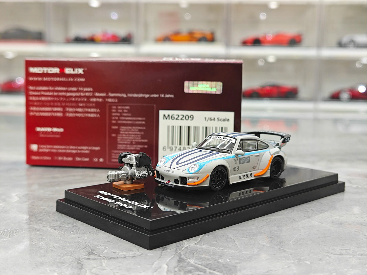 Motorhelix 1:64 RWB 993 Motozolo Grey Includes Magnetic Air-Cooled Engine Display Model