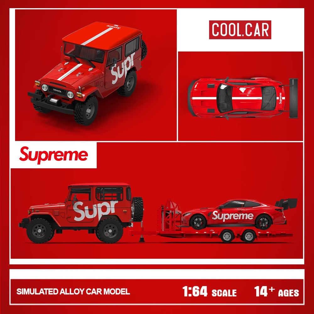 Cool.Car 1:64 Car Hauler Trailer Set Supreme Edition - Toyota FJ40 & BMW M4 & Trailer Full Set