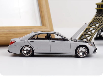 Rhino Model 1:64 Mercedes Benz AMG S63 S-Class MK6 W222 Grey with Low Ride Low Stance Wheels Openable Front Hood Detailed Engine