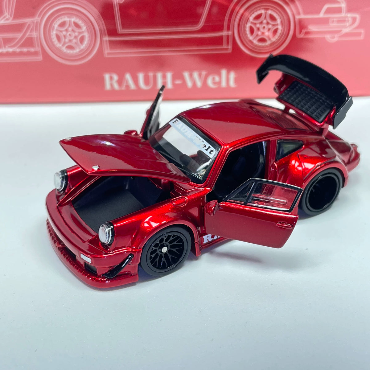 FG 1:64 RWB 930 Wide Body GT Wing Transparent Red Openable Front Rear Hoods and All Doors