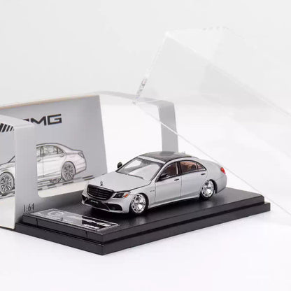 Rhino Model 1:64 Mercedes Benz AMG S63 S-Class MK6 W222 Grey with Low Ride Low Stance Wheels Openable Front Hood Detailed Engine