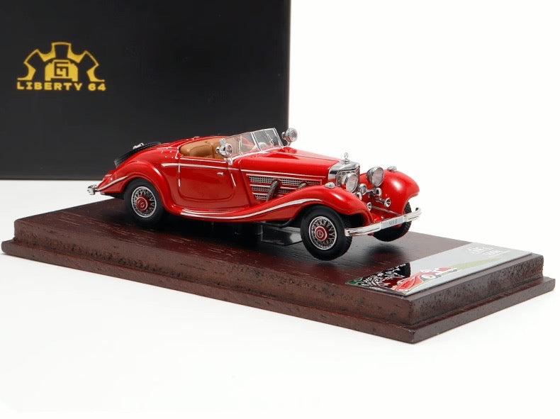 Liberty64 1:64 Mercedes-Benz 500K (W29) Red (Flocked Foot Pads, Hardware Details, Wooden Platform + Acrylic Transparent Box + Flip-Top Gift Box Packaging)