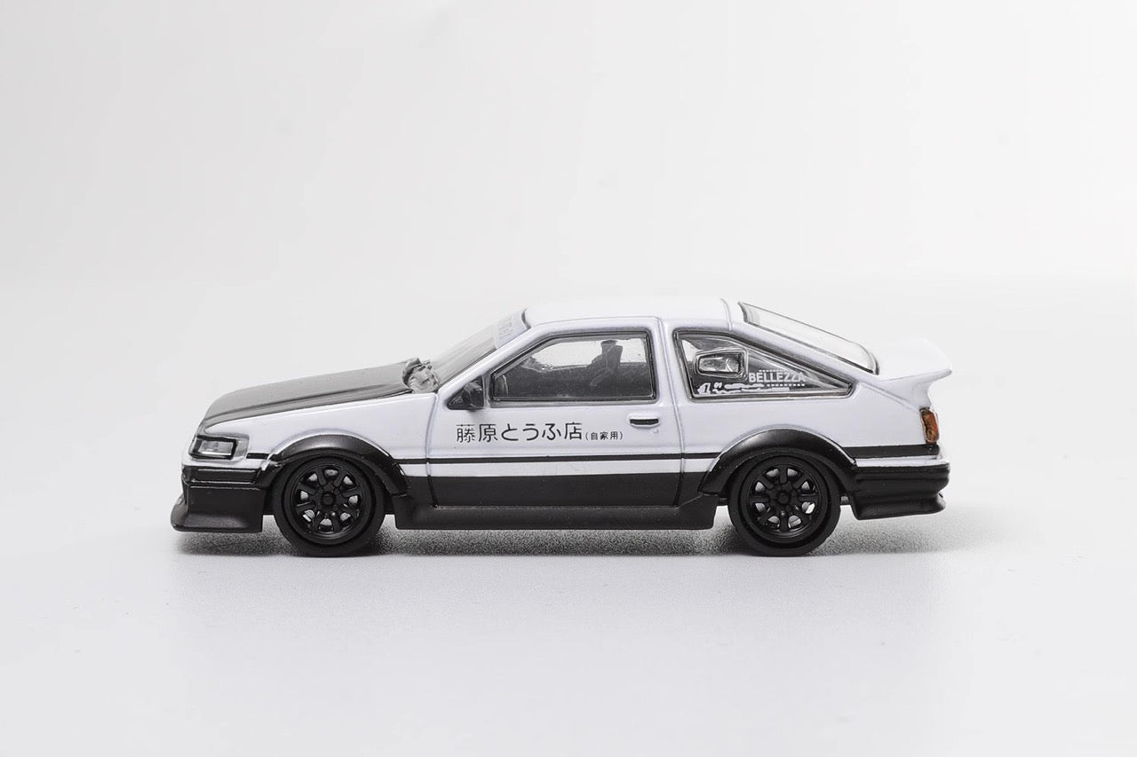 DCT 1:64 Toyota Corolla AE86 Levin GT-APEX RWB Wide Body Custom Initial D Fujiwara Edition White with Black Carbon Hood