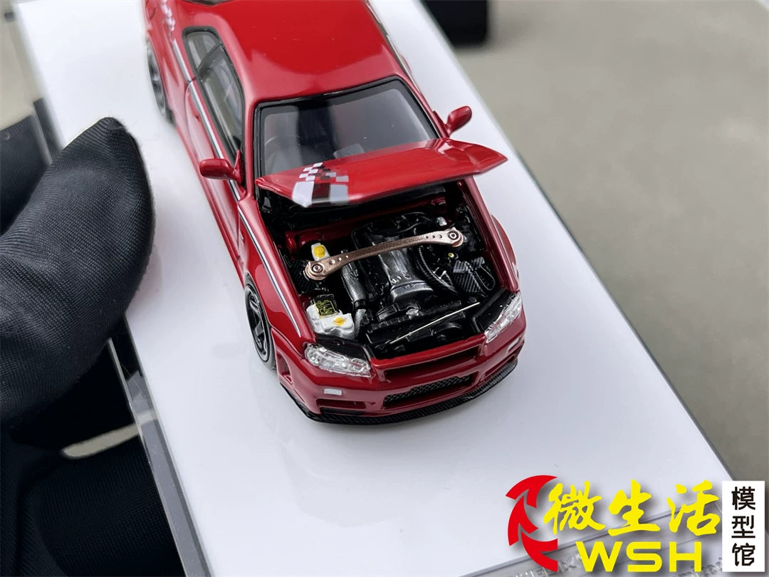 Motorhelix 1:64 Nissan Skyline GT-R R34 Nismo Z-Tune V-Spec-II Nismo Red Openable Front Hood Detailed Engine Official Licensed (Premium Box Packaging)