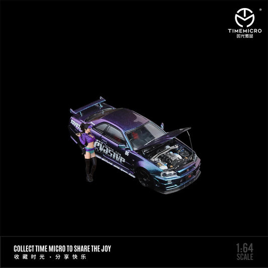 Time Micro 1:64 Nissan Skyline GT-R R34 Z-Tune Openable Engine Hood Evasive Motorsports Purple With Model Girl Figure