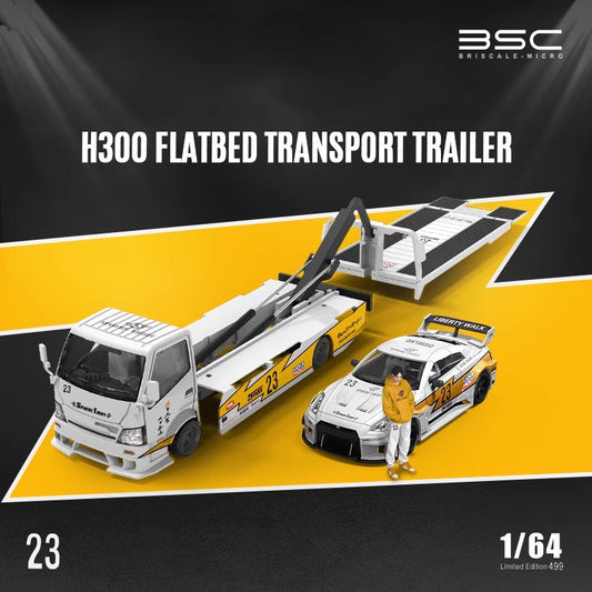 BSC 1/64 Hino H300 Flat bed Transport Trailer Truck Extendable Flat Bed LBWK #23 Edition + Nissan GT-R R35 + Resin Human Figure Full Set