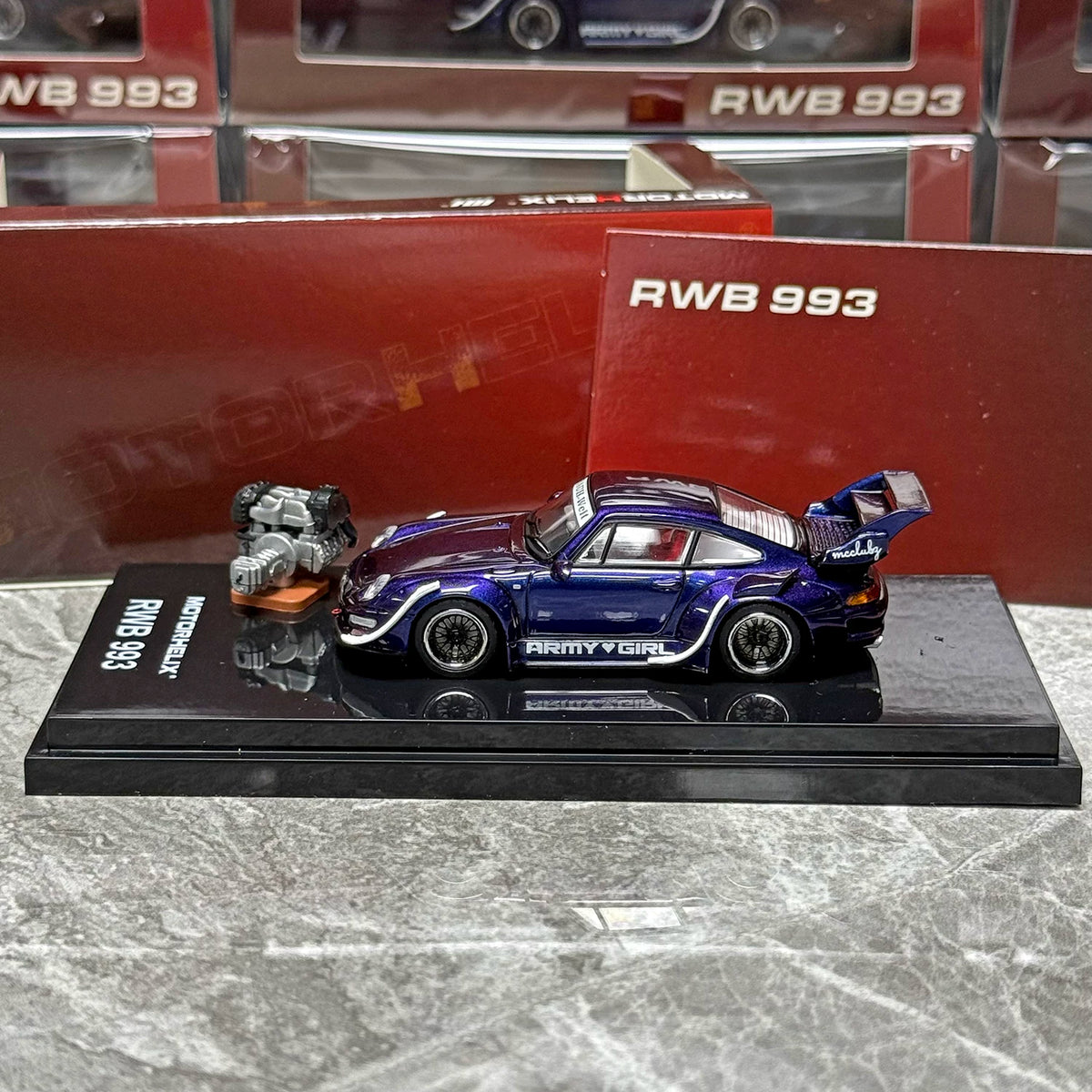 Motorhelix 1:64 RWB 993 Army Girl Purple Includes Magnetic Air-Cooled Engine Display Model