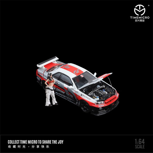 Time Micro 1:64 Nissan Skyline GT-R R34 Z-Tune Openable Engine Hood Playstation Gran Turismo Edition With Model Girl Figure