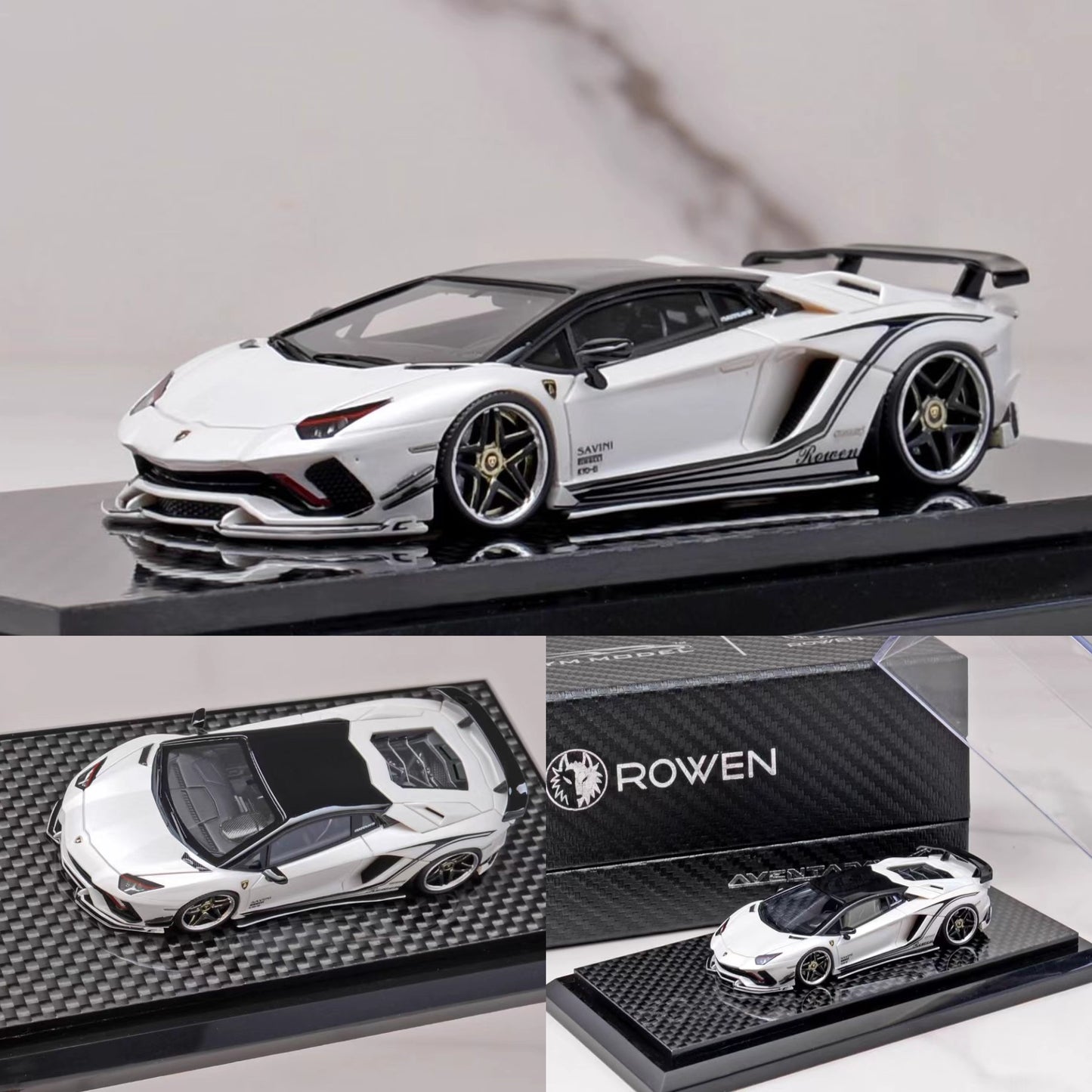 [Premium Resin Model] YM Model 1:64 Lamborghini Rowen Aventador S LP740-4 White with Black Top in Carbon Base Limited 299 Pieces