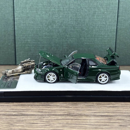 PGM 1:64 Nissan Skyline GT-R R34 Nismo Z-Tune British Green with Separated Display Engine Nissan Official Licensed (Normal Rectangle Box Edition)