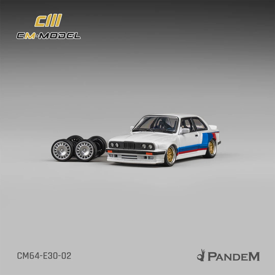 CM Model 1:64 Pandem M3 Mk1 E30 Sedan Rocket Bunny White with M Strip with Extra Wheel-Set