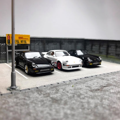 Master Model 1:64 Porsche 930 Turbo Open Engine Hood Wangan Midnight Black Bird Modified Edition- White with Red Wheels