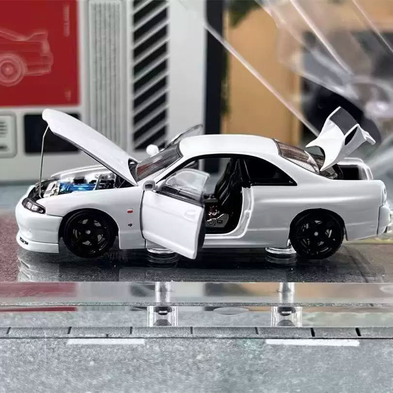 Focal Horizon 1:64 GT-R R33 Skyline BCNR33 Original White with Decal Stickers (ALL OPEN Doors and Hoods with Detailed Engine) Premium Case and Box Packaging